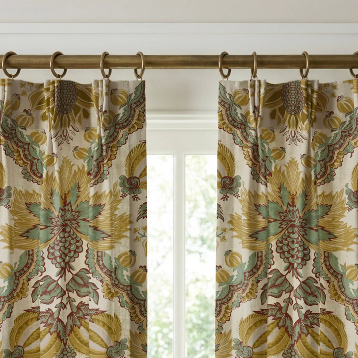 Flowering Pomegranate in linen and honey: an ogee lattice of lace borders framing a blossom held between two swelling pomegranates, translated from an 18th-century French block-printed quilt. cohort1 vb curtains