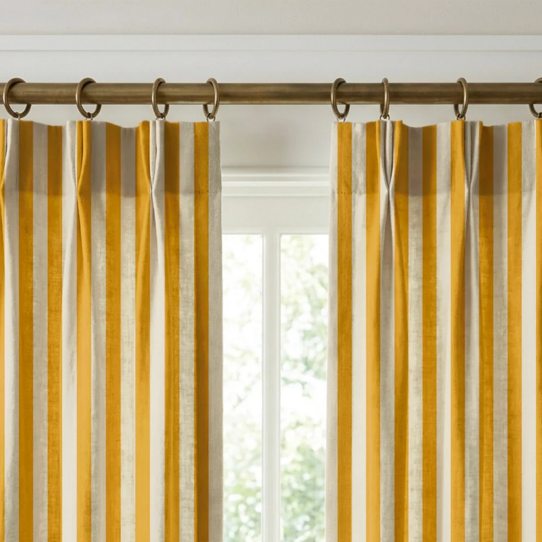 Marigold and ivory 19th century equal-width stripe, yellow striated: linen cotton window curtains mockup.
