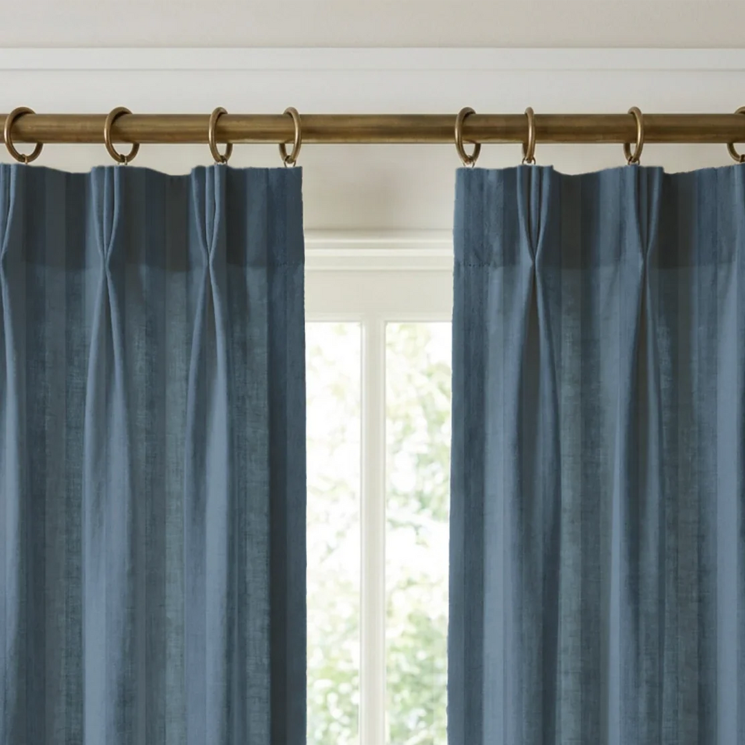 Muted blue 19th century equal-width stripe, deeper bands striated: linen cotton window curtains mockup.
