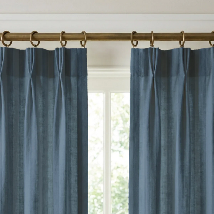 Muted blue 19th century equal-width stripe, deeper bands striated: linen cotton window curtains mockup.