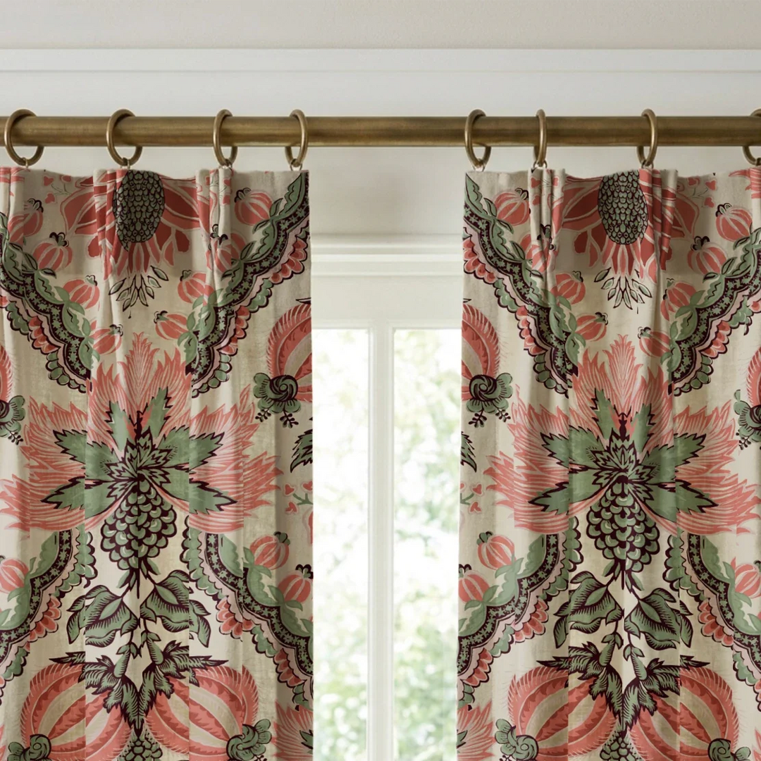 Flowering Pomegranate in linen and terracotta: an ogee lattice of lace borders framing a blossom held between two swelling pomegranates, translated from an 18th-century French block-printed quilt. cohort1 vb curtains