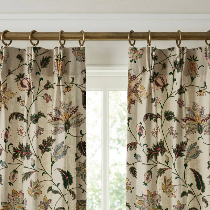Green floral vines on a grey ground linen cotton window curtains mockup.