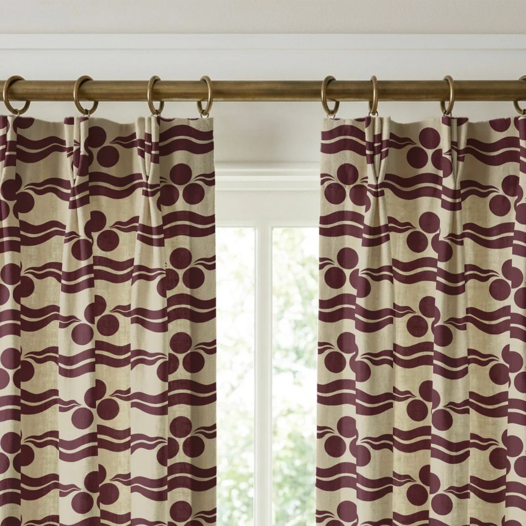 Chintamani Tiger in sandstone and blackcurrant: triple-disc chintamani roundels above paired wave bands, translated from a 15th-century Bursa silk velvet at The Metropolitan Museum of Art. cohort1 vb curtains