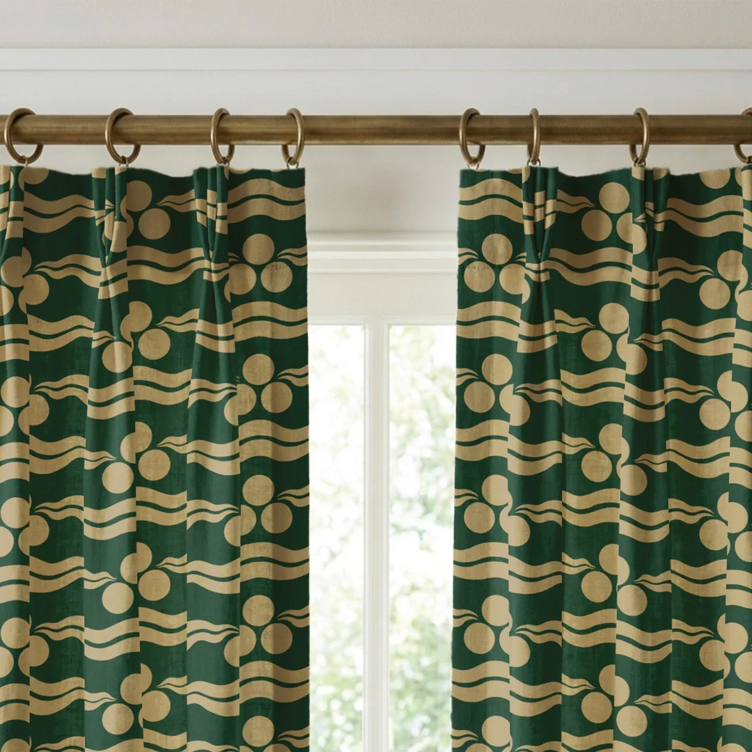 Chintamani Tiger in forest floor and flax: triple-disc chintamani roundels above paired wave bands, translated from a 15th-century Bursa silk velvet at The Metropolitan Museum of Art. cohort1 vb curtains