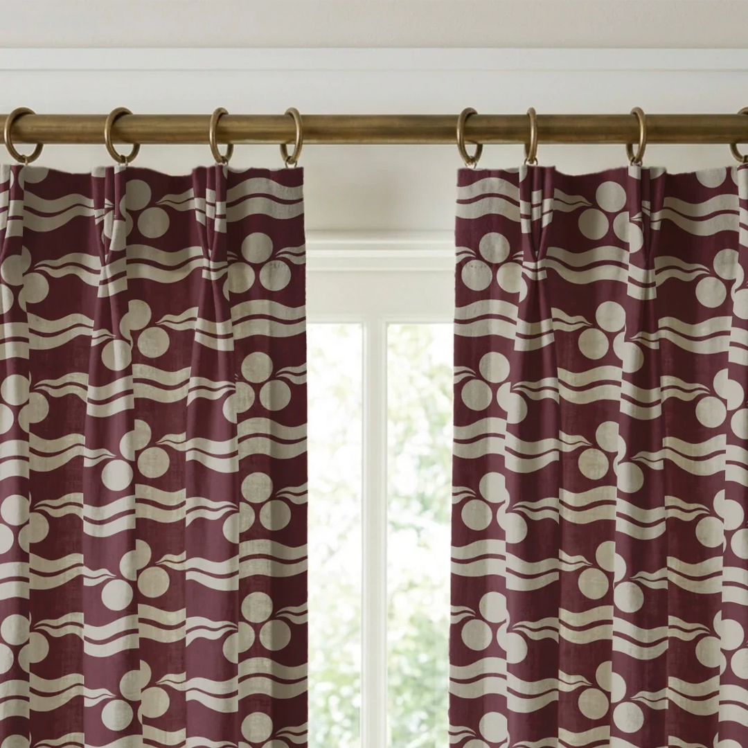 Chintamani Tiger in blackcurrant and travertine: triple-disc chintamani roundels above paired wave bands, translated from a 15th-century Bursa silk velvet at The Metropolitan Museum of Art. cohort1 vb curtains