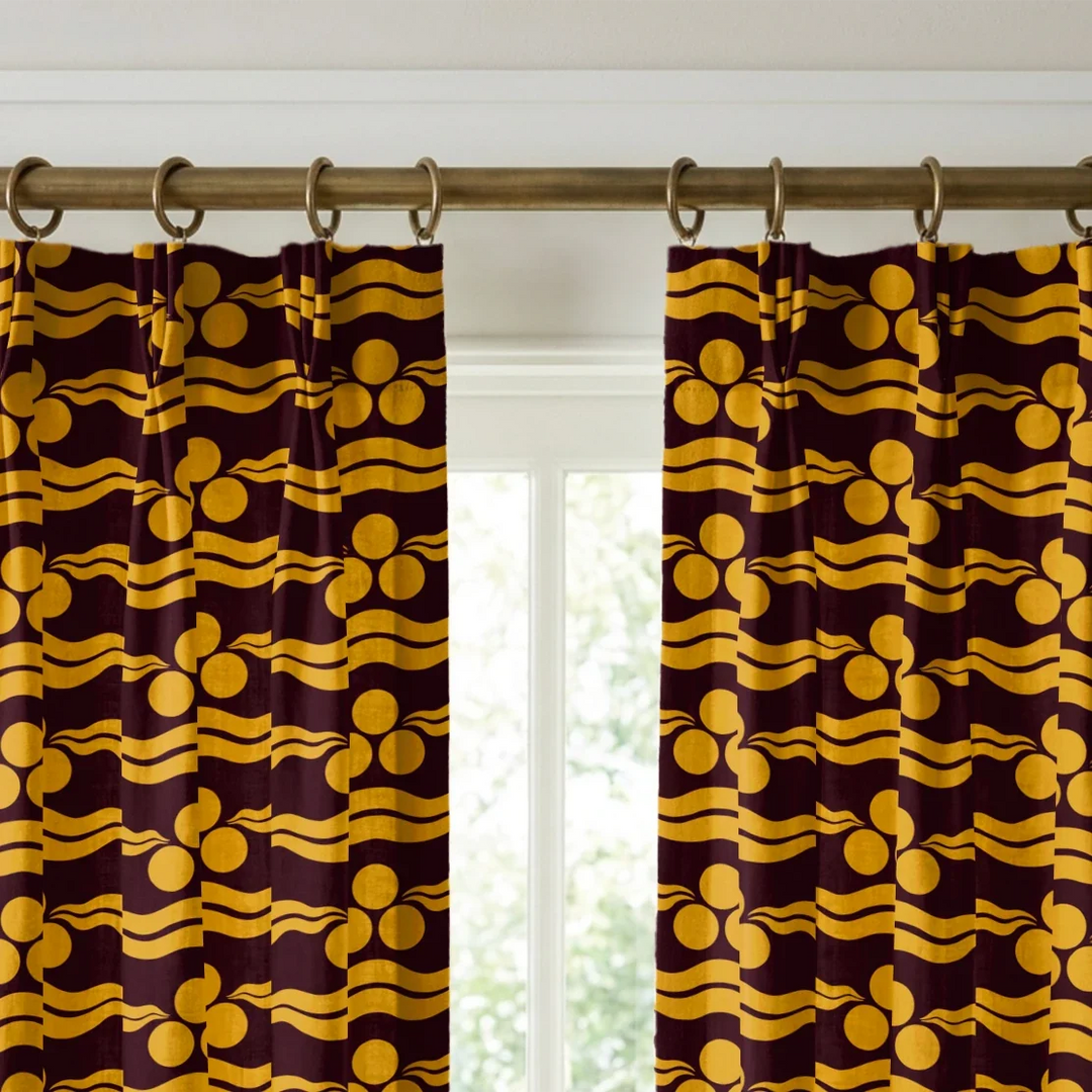 Chintamani Tiger in blackcurrant and marigold: triple-disc chintamani roundels above paired wave bands, translated from a 15th-century Bursa silk velvet at The Metropolitan Museum of Art. cohort1 vb curtains