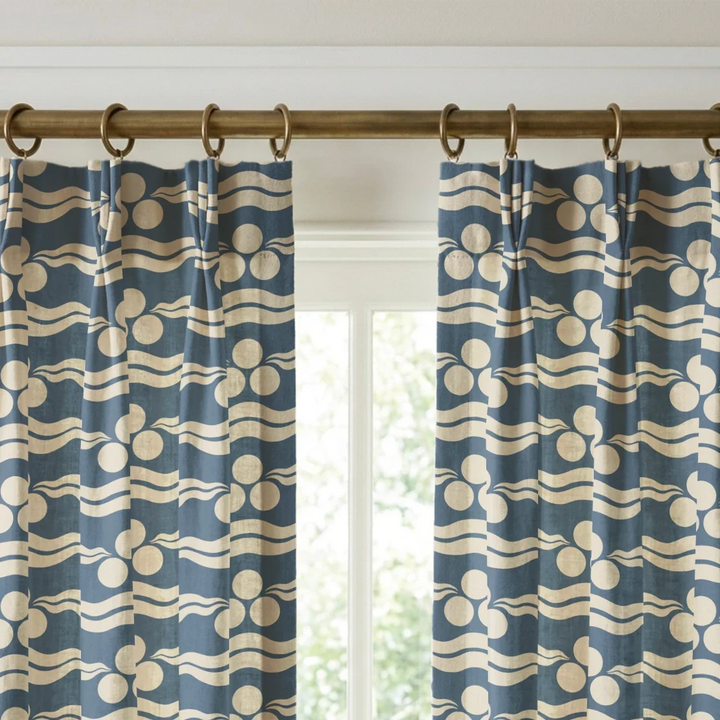 Chintamani Tiger in dusty blue and ivory: triple-disc chintamani roundels above paired wave bands, translated from a 15th-century Bursa silk velvet at The Metropolitan Museum of Art. cohort1 vb curtains