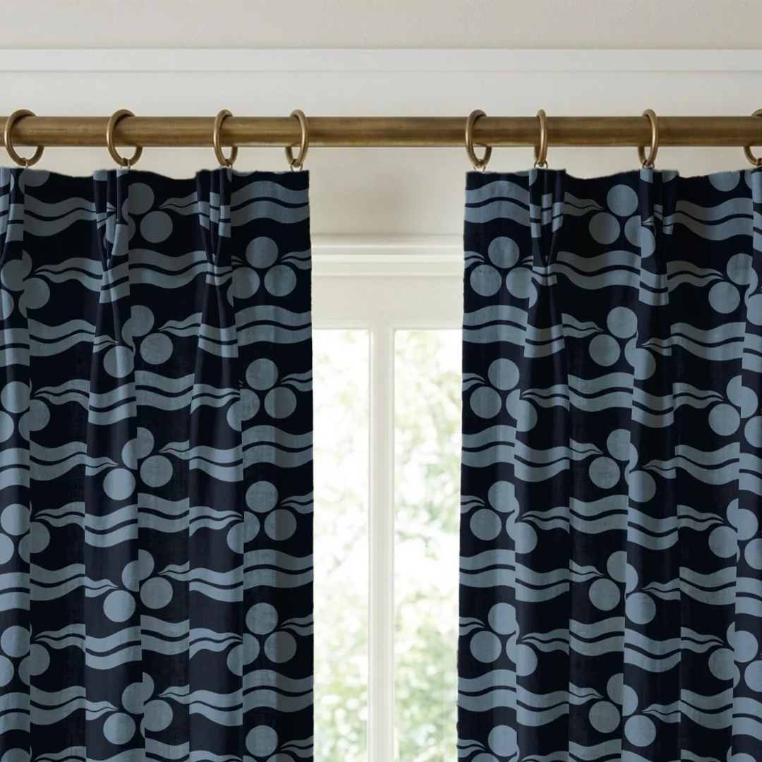 Chintamani Tiger in indigo and dusty blue: triple-disc chintamani roundels above paired wave bands, translated from a 15th-century Bursa silk velvet at The Metropolitan Museum of Art. cohort1 vb curtains