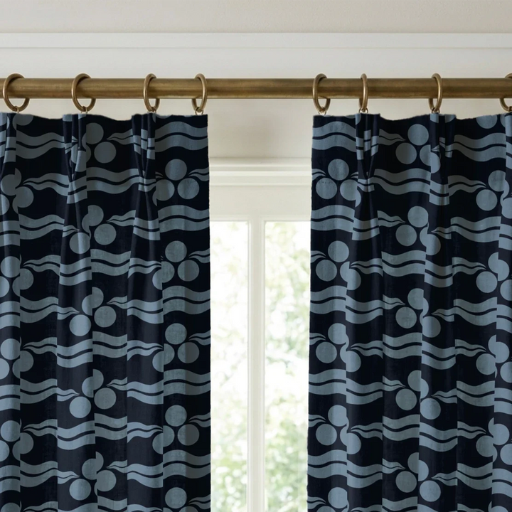 Chintamani Tiger in indigo and dusty blue: triple-disc chintamani roundels above paired wave bands, translated from a 15th-century Bursa silk velvet at The Metropolitan Museum of Art. cohort1 vb curtains