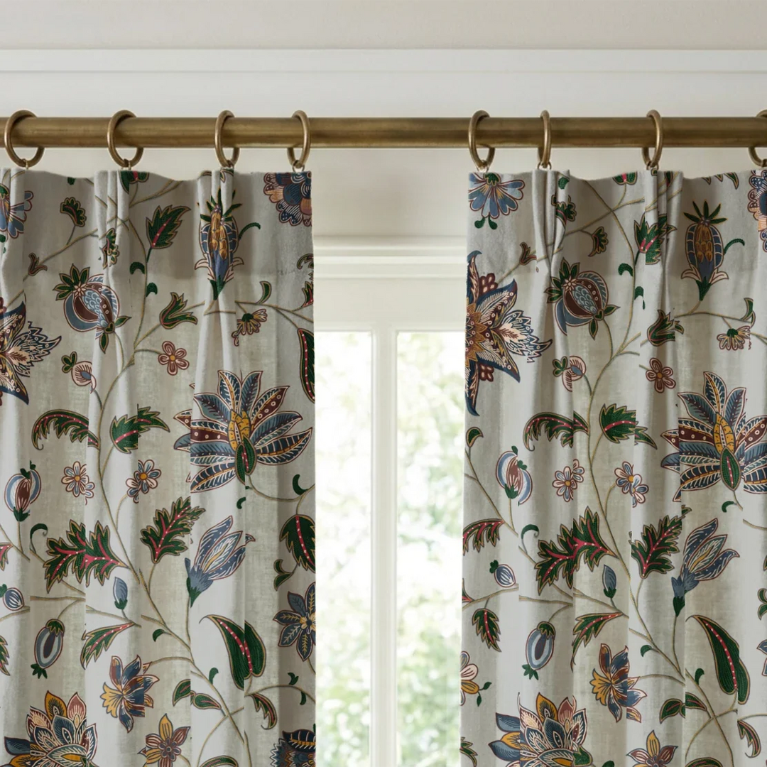 Navy floral vines on a grey ground linen cotton window curtains mockup.