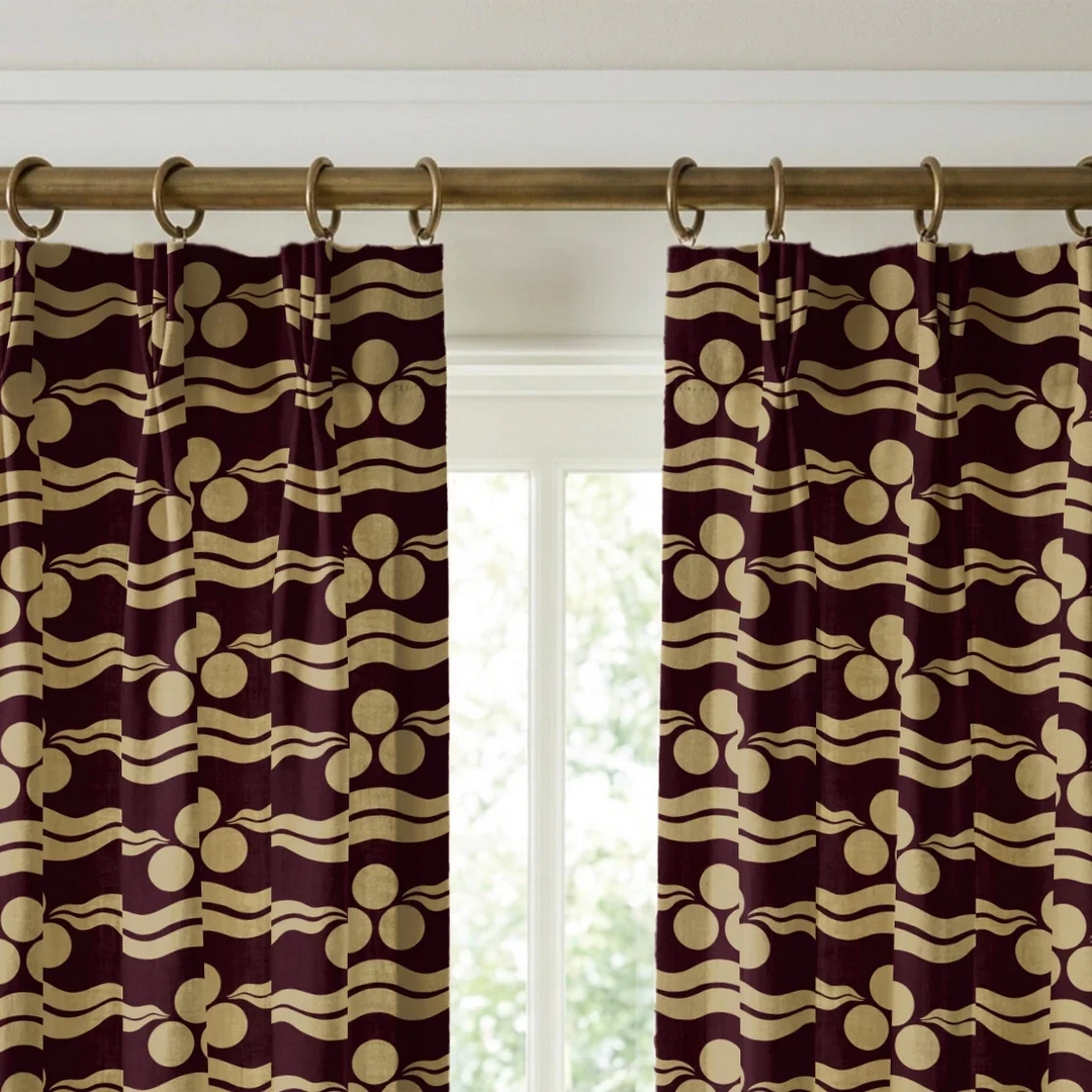 Chintamani Tiger in blackcurrant and flax: triple-disc chintamani roundels above paired wave bands, translated from a 15th-century Bursa silk velvet at The Metropolitan Museum of Art. cohort1 vb curtains