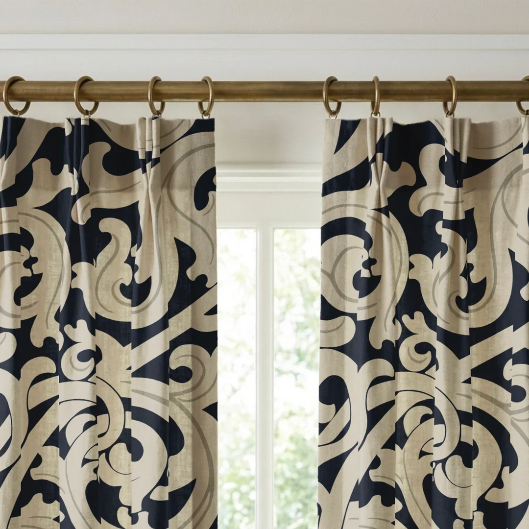 Large beige acanthus scroll motif on a navy ground: linen cotton window curtains mockup.