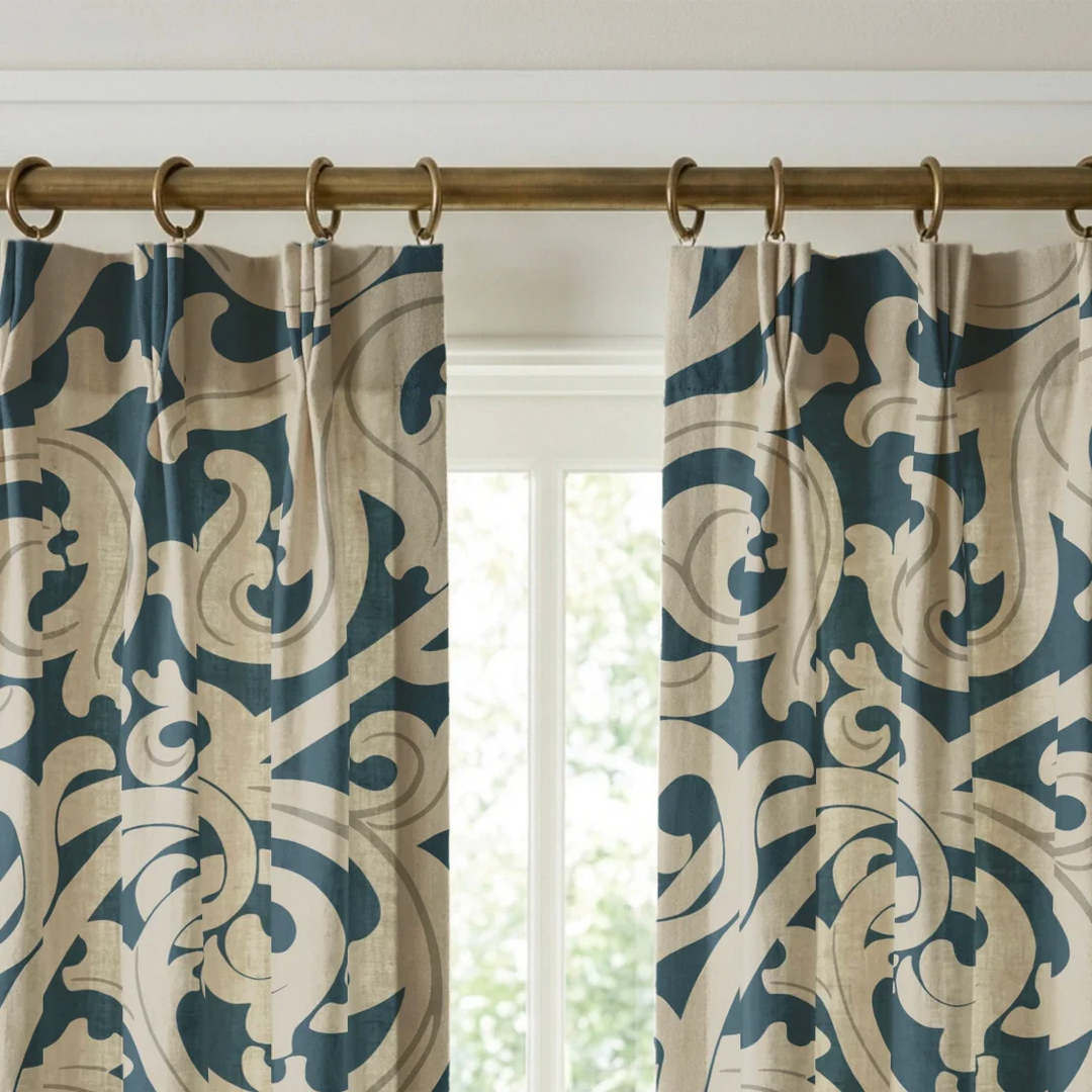 Large beige acanthus scroll motif on a blue ground: linen cotton window curtains mockup.