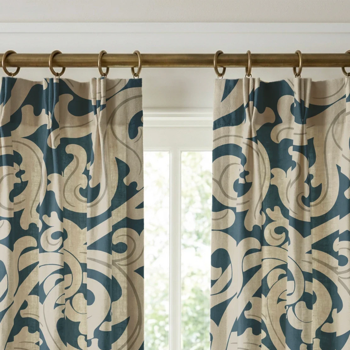 Large beige acanthus scroll motif on a blue ground: linen cotton window curtains mockup.