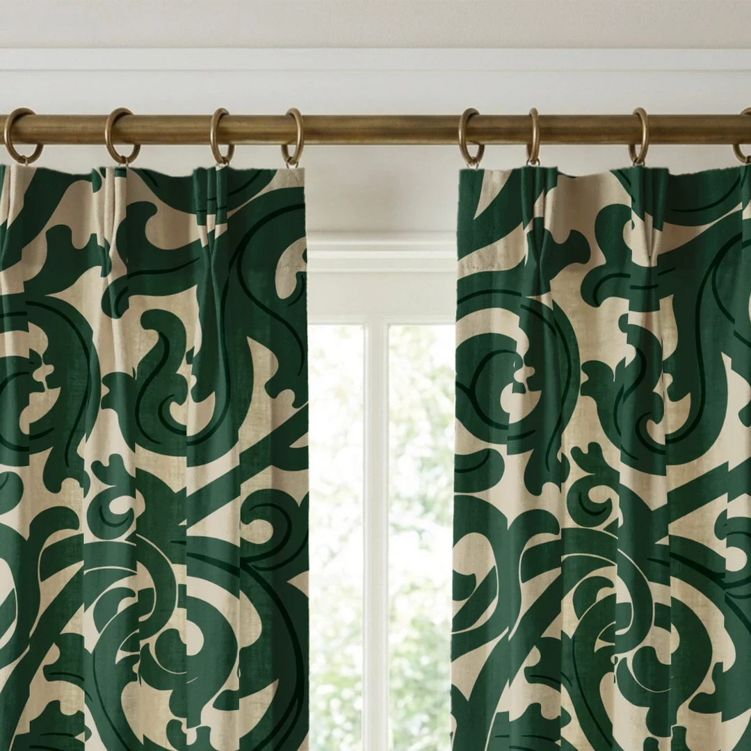 Large green acanthus scroll motif on a beige ground: linen cotton window curtains mockup.
