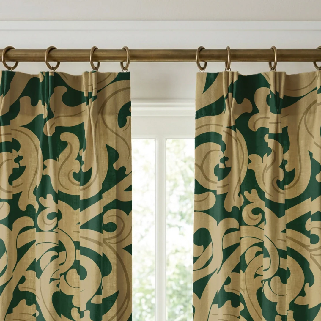 Large gold acanthus scroll motif on a green ground: linen cotton window curtains mockup.