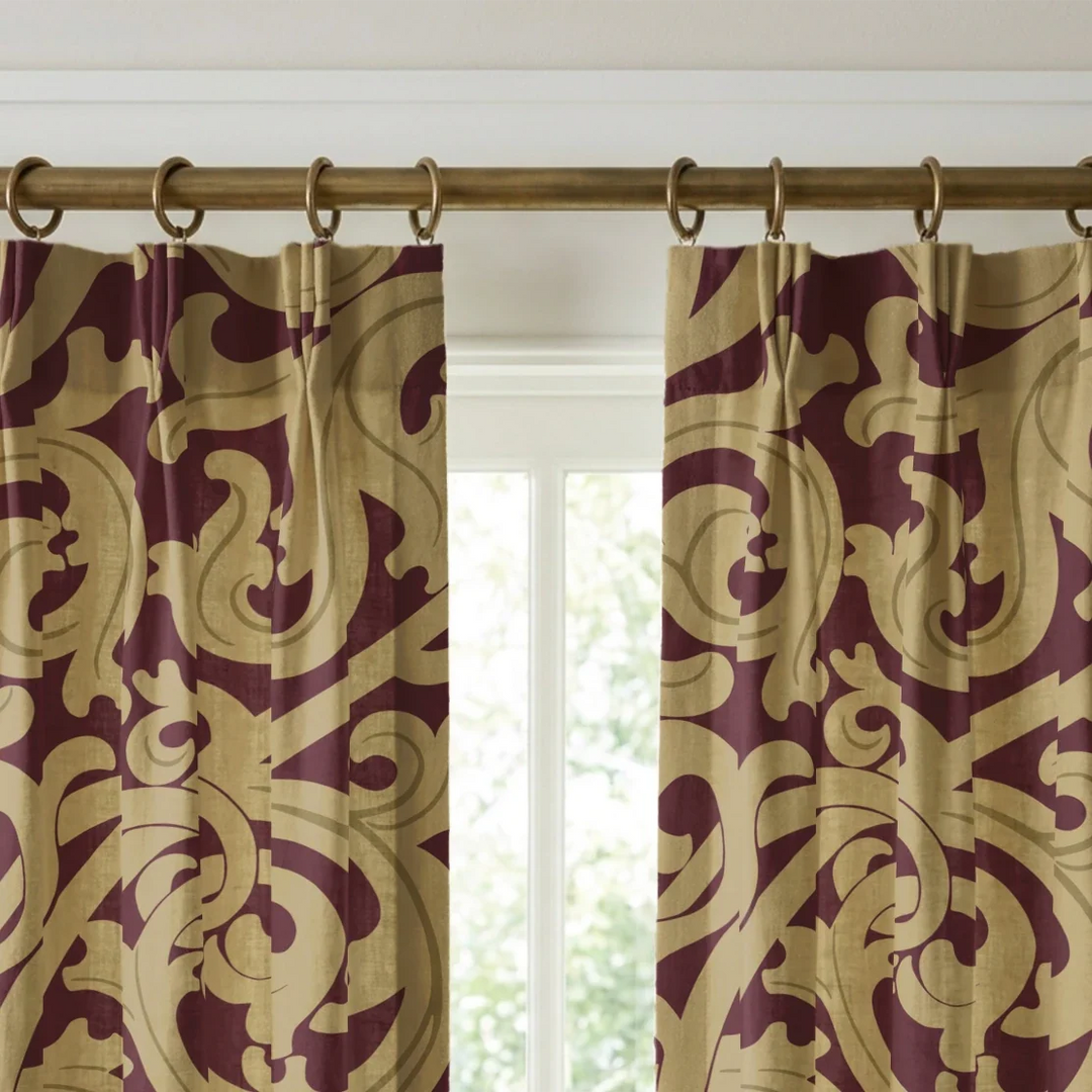 Large gold acanthus scroll motif on a red ground: linen cotton window curtains mockup.