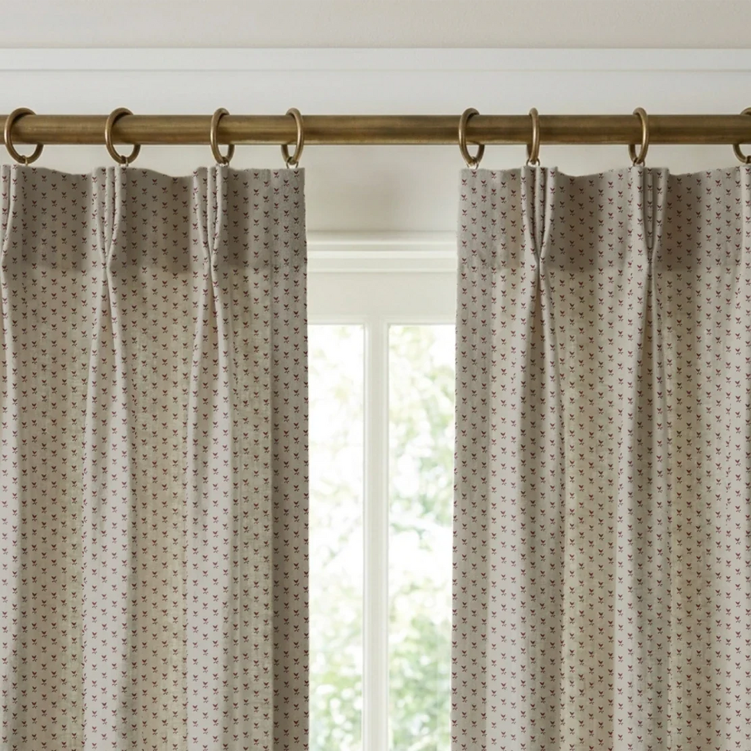 Deep red-brown Second Empire tulip silhouette on a pale grey ground: linen cotton window curtains mockup.
