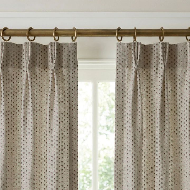 Deep red-brown Second Empire tulip silhouette on a pale grey ground: linen cotton window curtains mockup.
