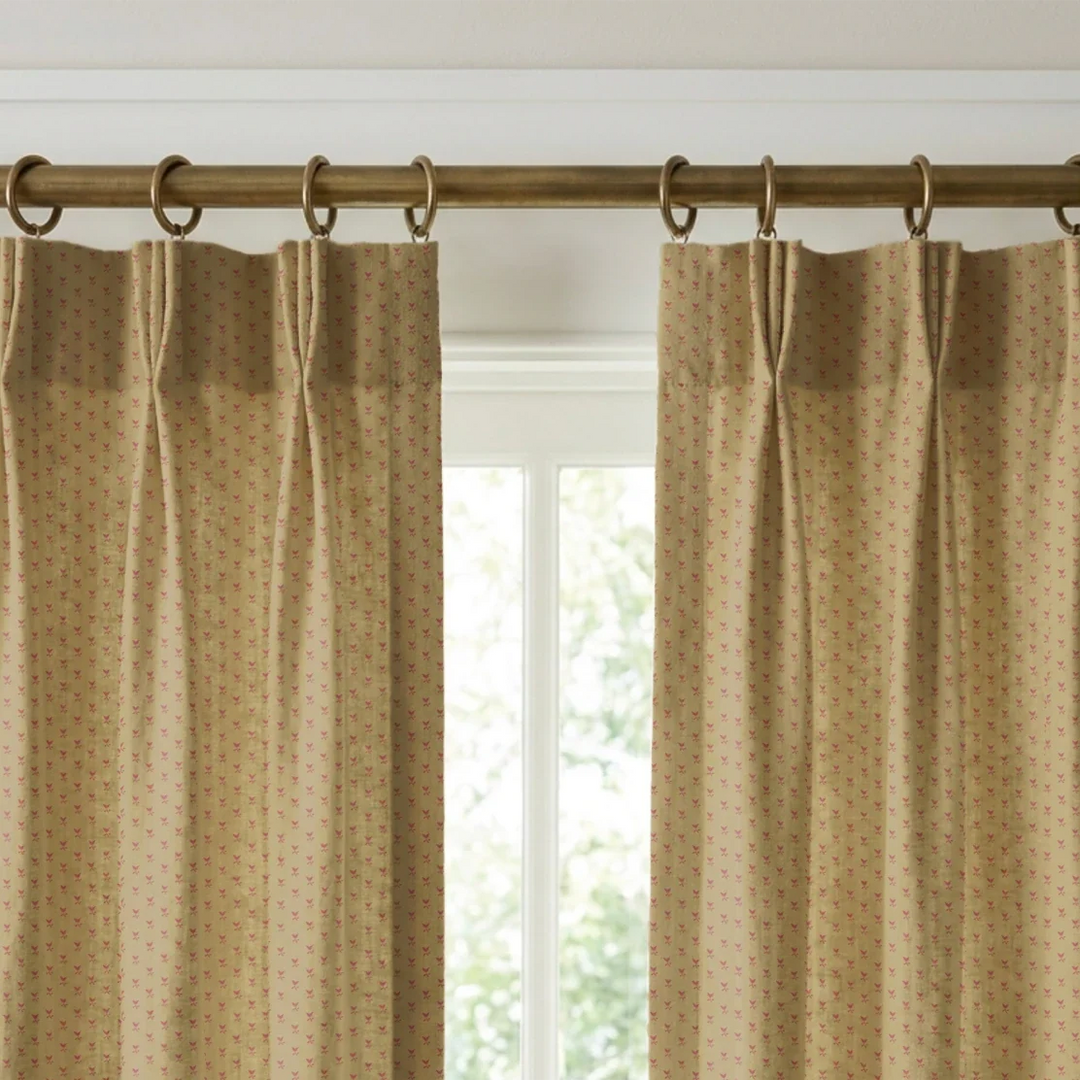 Dusty red Second Empire tulip silhouette on a warm tan ground: linen cotton window curtains mockup.