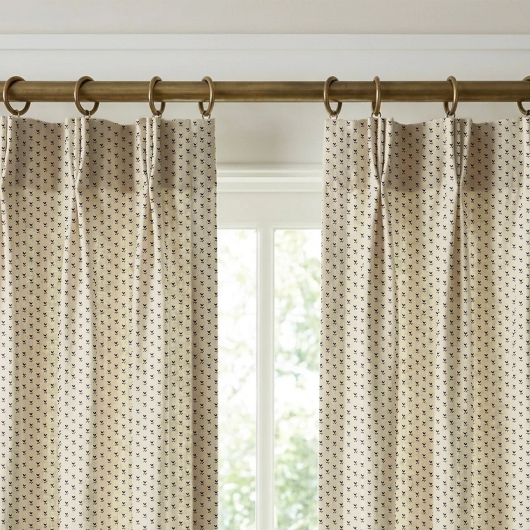 Near-black blue Second Empire tulip silhouette on an ivory ground: linen cotton window curtains mockup.