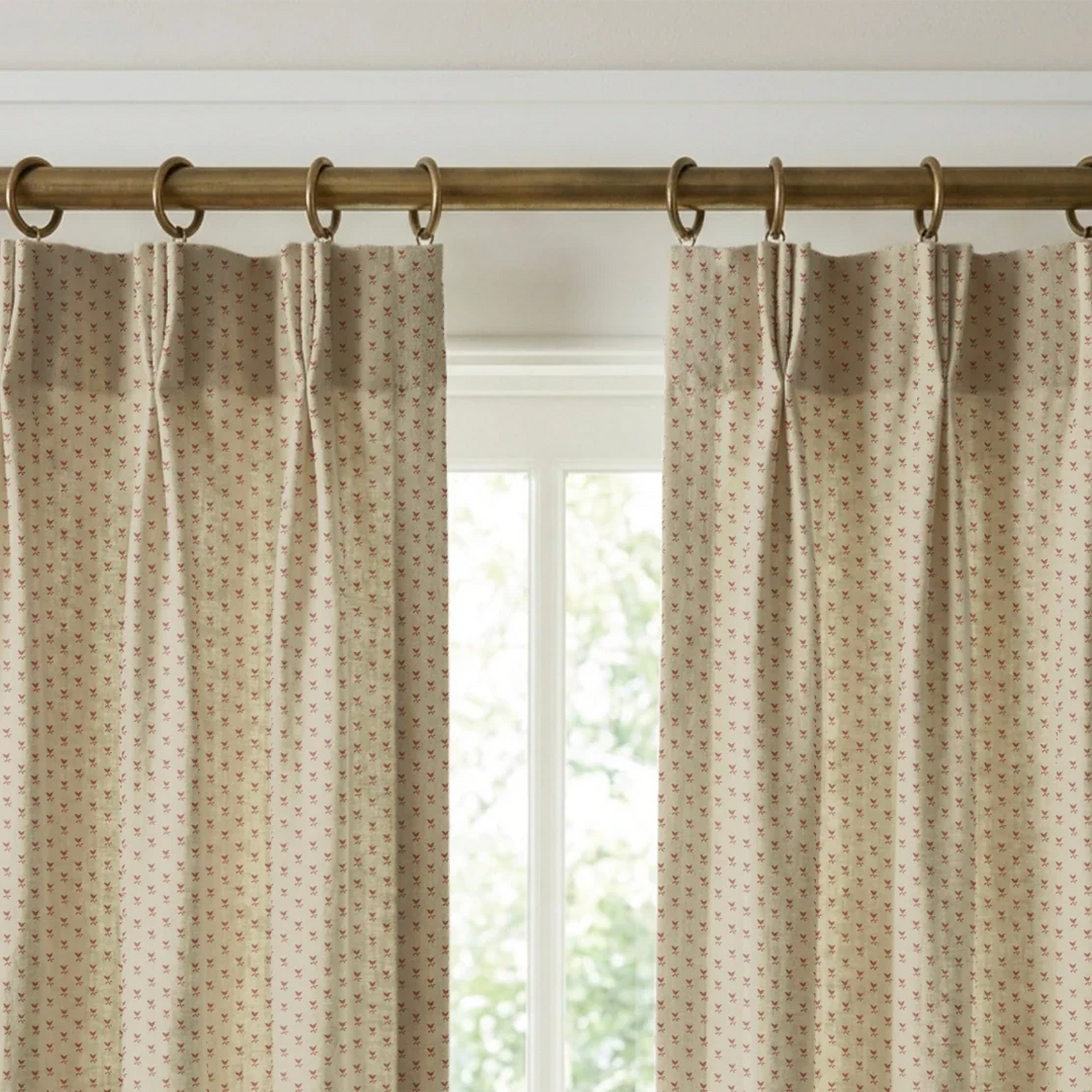 Warm brown Second Empire tulip silhouette on a pale greige ground: linen cotton window curtains mockup.
