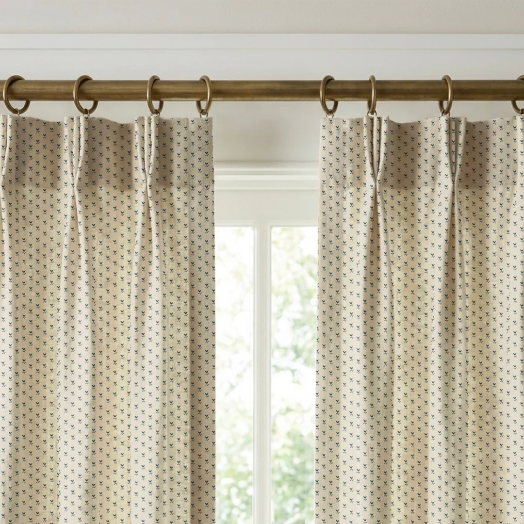 Blue-grey Second Empire tulip silhouette on a warm ivory ground: linen cotton window curtains mockup.