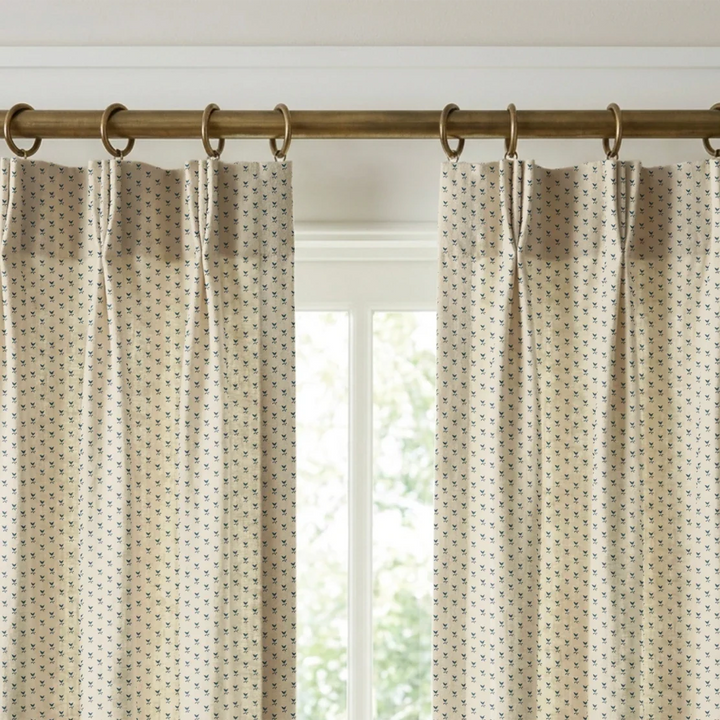 Blue-grey Second Empire tulip silhouette on a warm ivory ground: linen cotton window curtains mockup.
