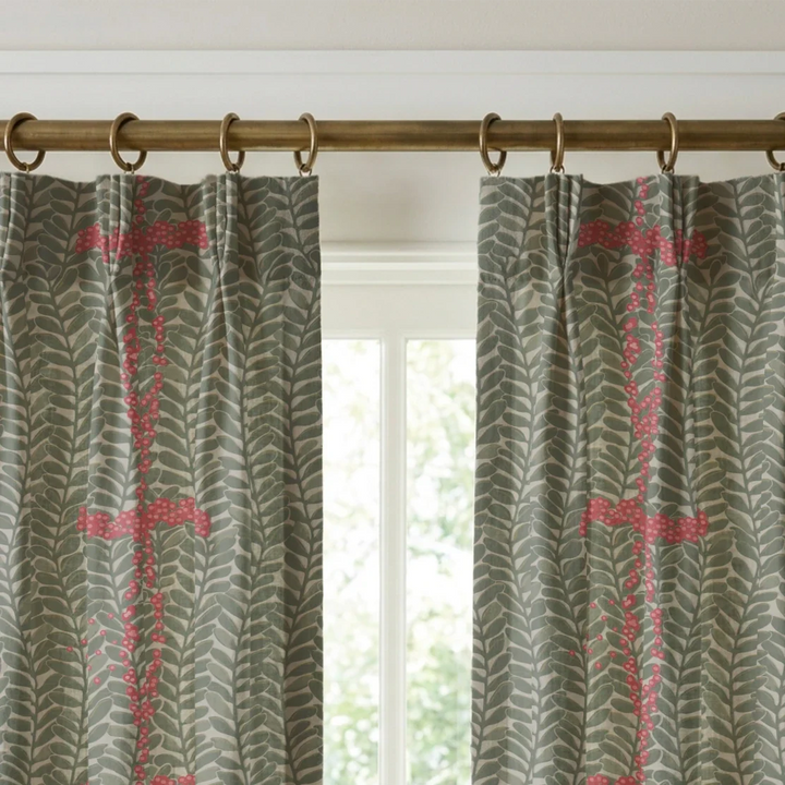 Grey-green 1918 leaf sprays with red berries on a grey ground: linen cotton window curtains mockup.