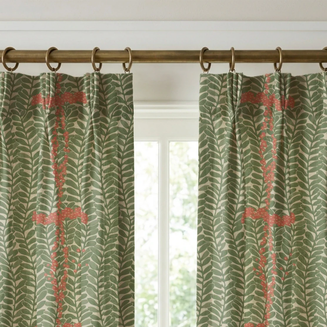 Muted green 1918 leaf sprays with red berries on a beige ground: linen cotton window curtains mockup.