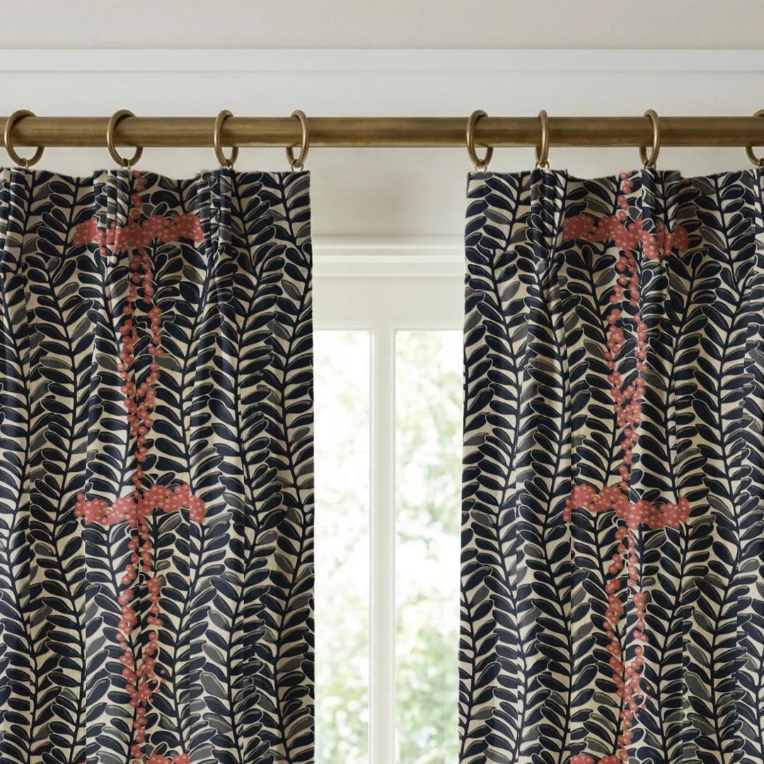 Navy 1918 leaf sprays with red berries on a beige ground: linen cotton window curtains mockup.