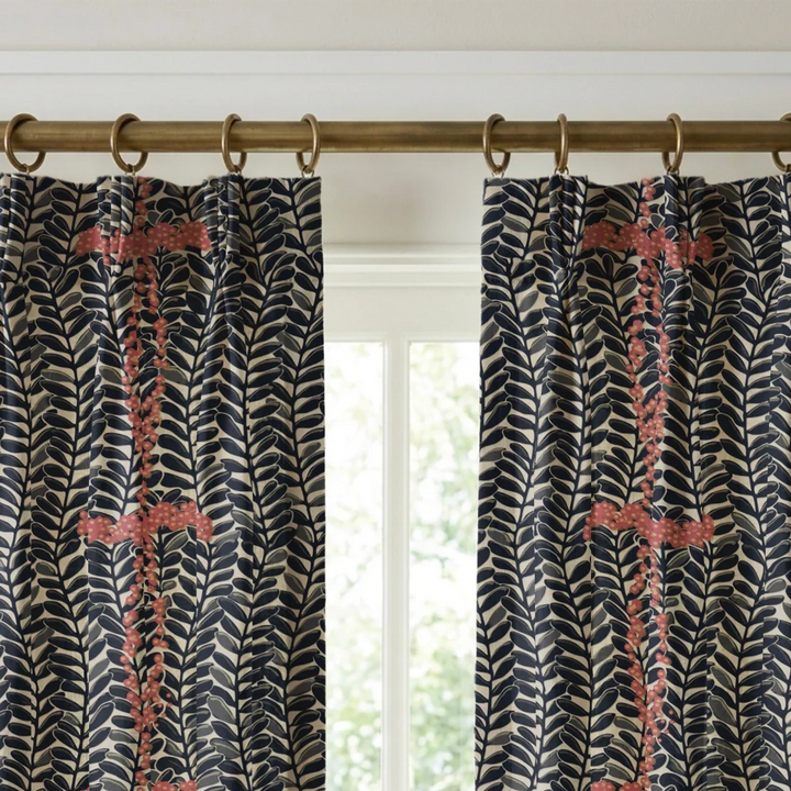 Navy 1918 leaf sprays with red berries on a beige ground: linen cotton window curtains mockup.