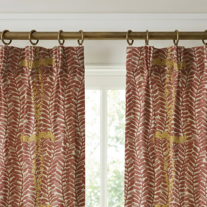 Brown 1918 leaf sprays with gold berries on a beige ground: linen cotton window curtains mockup.