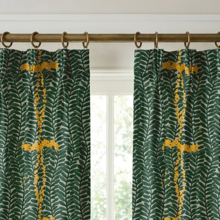 Dark green 1918 leaf sprays with yellow berries on a grey ground: linen cotton window curtains mockup.