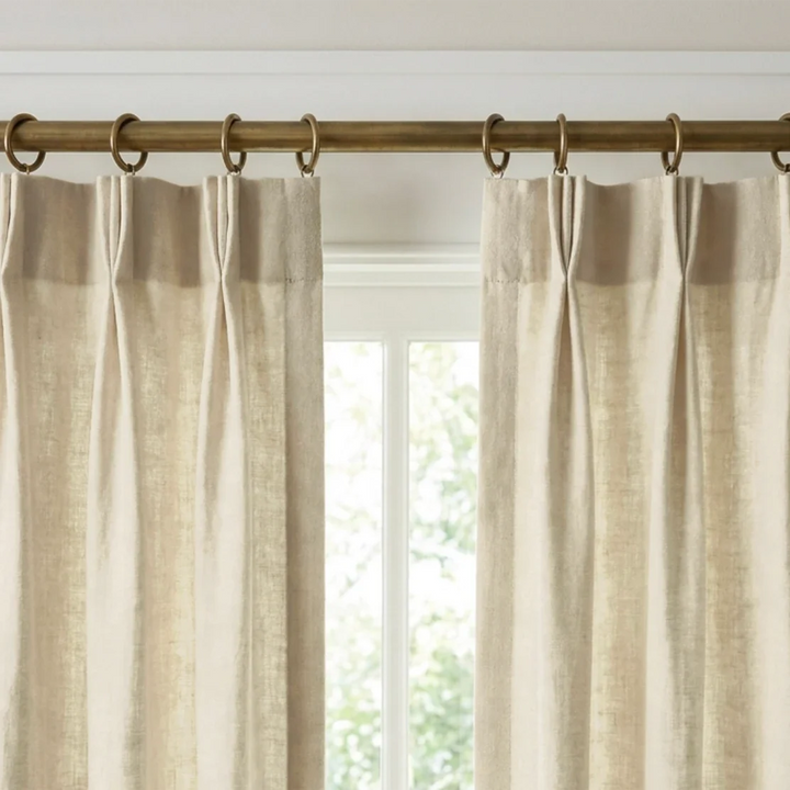Cream early 20th century tone-on-tone brocade bouquets: linen cotton window curtains mockup.