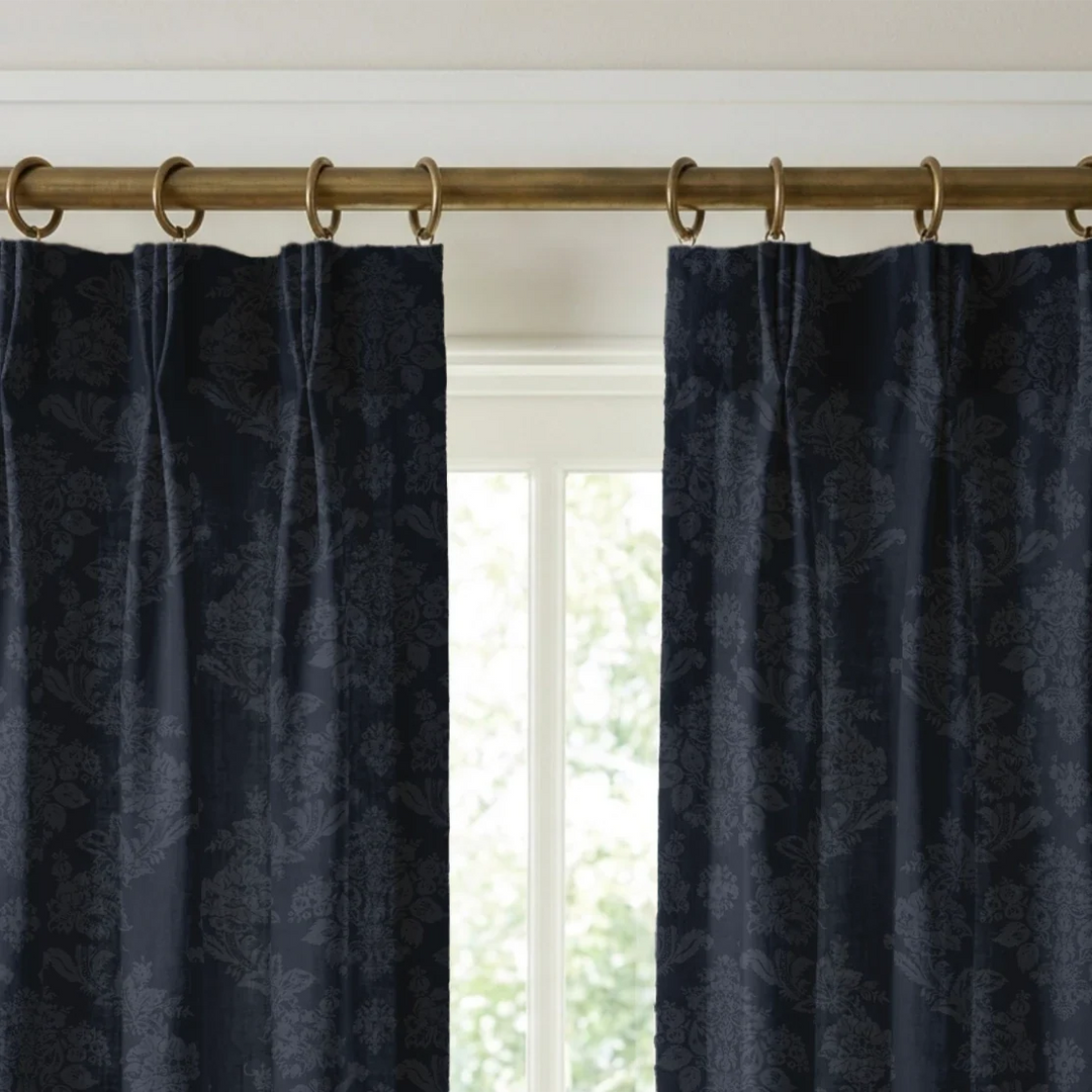Navy early 20th century tone-on-tone brocade bouquets: linen cotton window curtains mockup.
