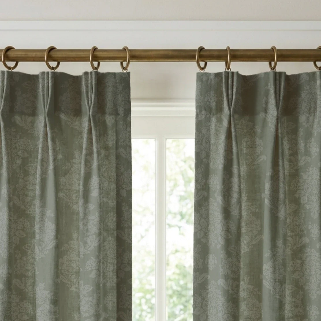 Grey-green early 20th century tone-on-tone brocade bouquets: linen cotton window curtains mockup.