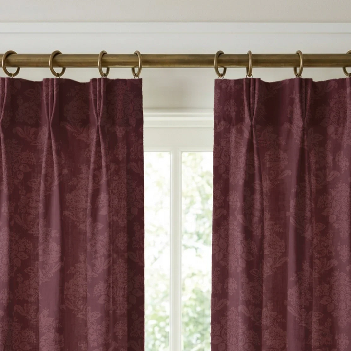 Dark purple early 20th century tone-on-tone brocade bouquets: linen cotton window curtains mockup.