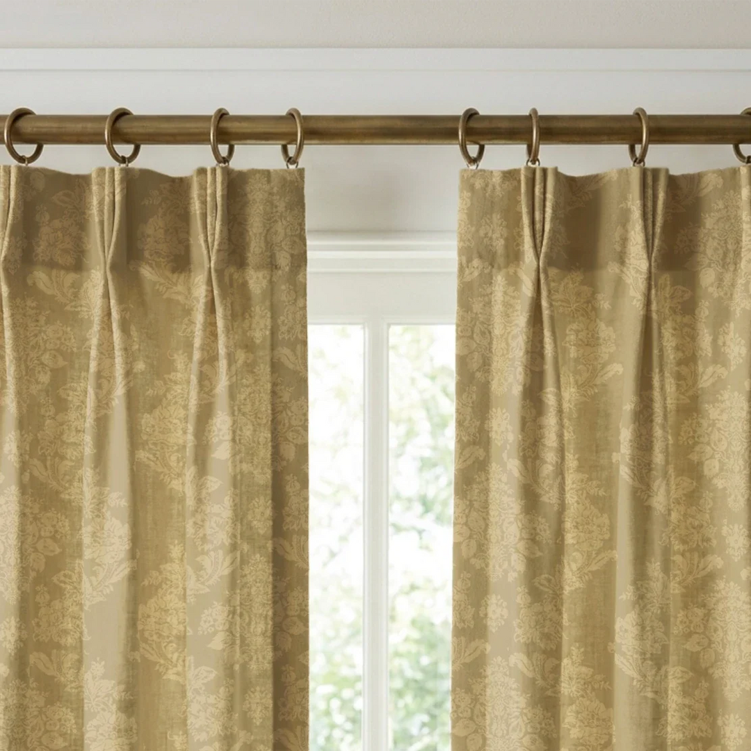 Gold early 20th century tone-on-tone brocade bouquets: linen cotton window curtains mockup.