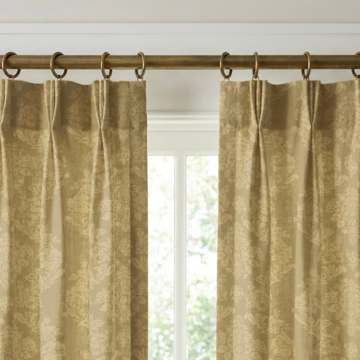 Gold early 20th century tone-on-tone brocade bouquets: linen cotton window curtains mockup.