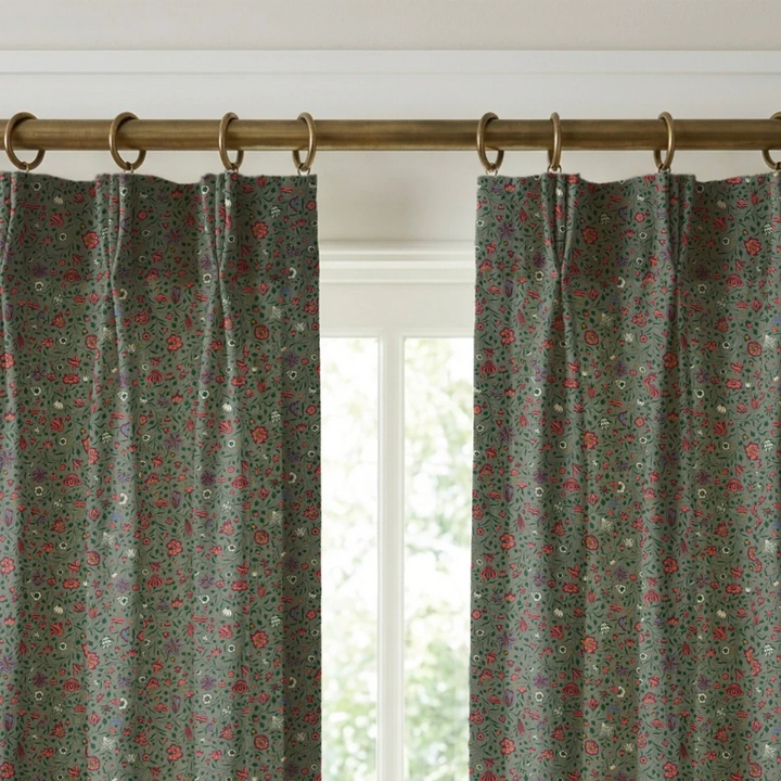 Dark purple 18th century Indian chintz vine on a grey-green ground: linen cotton window curtains mockup.