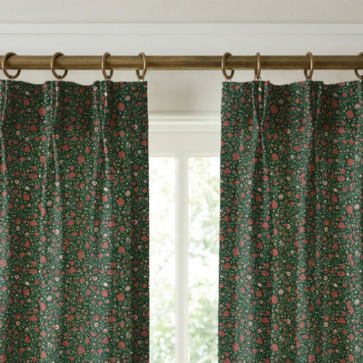 Red 18th century Indian chintz vine on a dark green ground: linen cotton window curtains mockup.