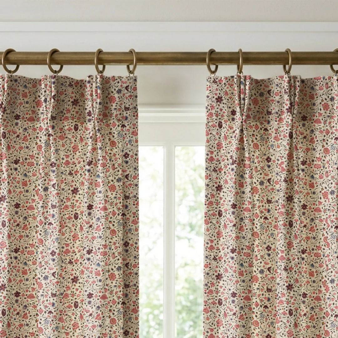 Red 18th century Indian chintz vine on a white ground: linen cotton window curtains mockup.