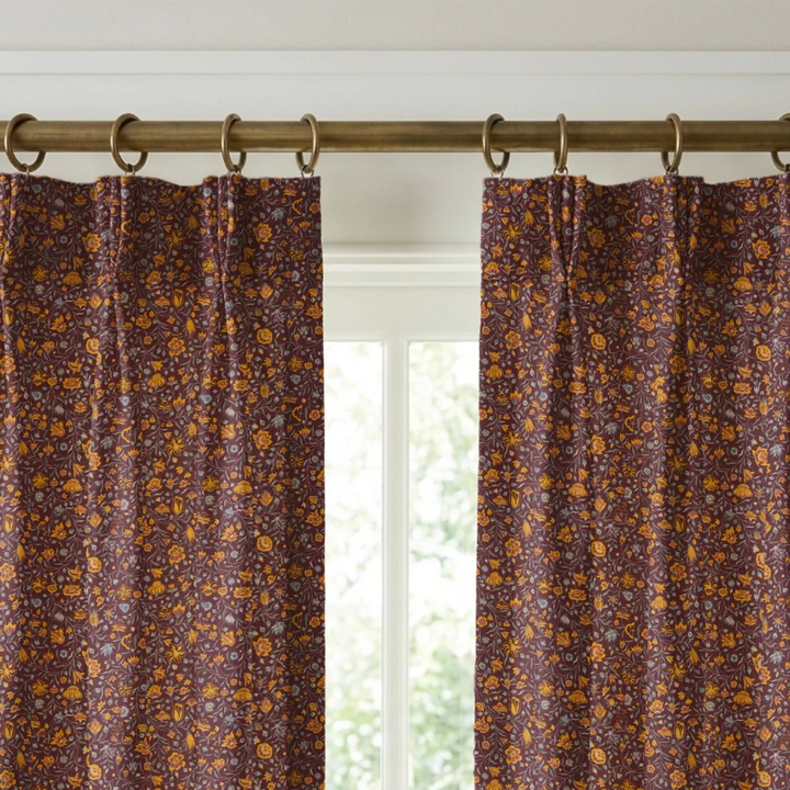 Yellow 18th century Indian chintz vine on a dark purple ground: linen cotton window curtains mockup.