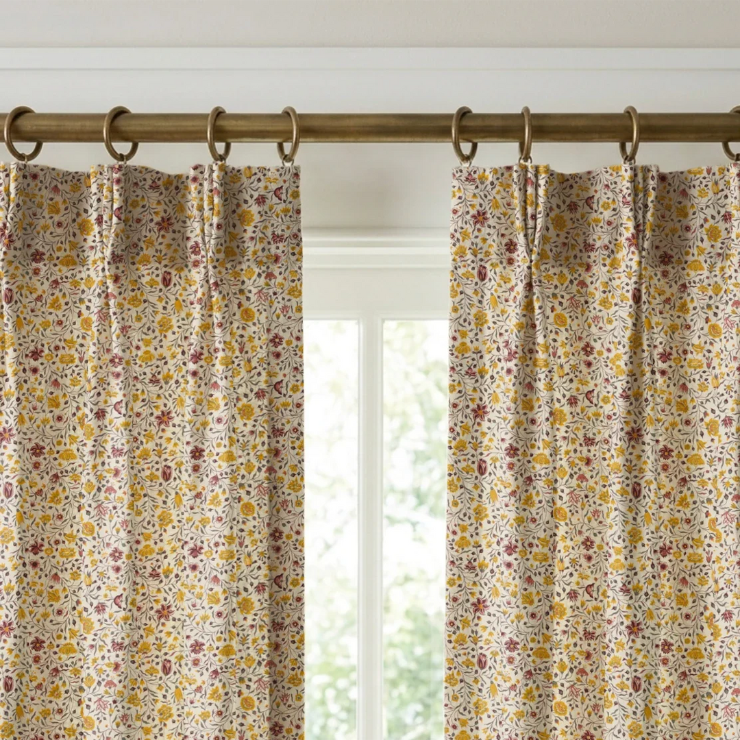 Yellow 18th century Indian chintz vine on a white ground: linen cotton window curtains mockup.
