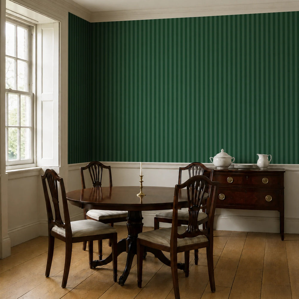 Deep green 19th century equal-width stripe, darker bands striated: wallpaper installed in a dining room