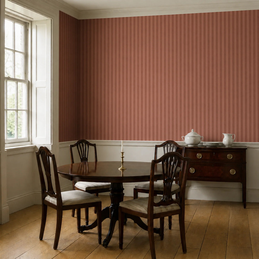 Warm brown 19th century equal-width stripe, darker bands striated: wallpaper installed in a dining room
