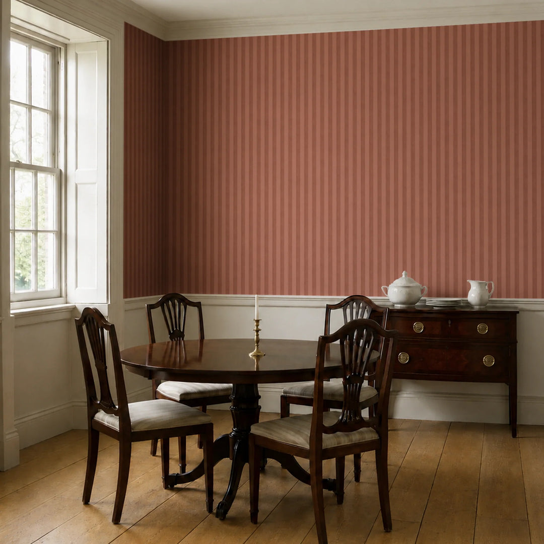 Warm brown 19th century equal-width stripe, darker bands striated: wallpaper installed in a dining room