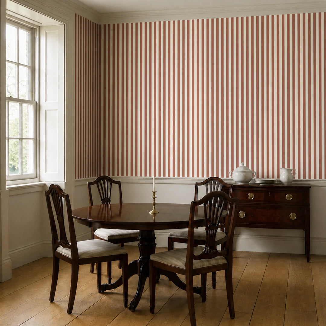 Warm brown and ivory 19th century equal-width stripe, brown striated: wallpaper installed in a dining room