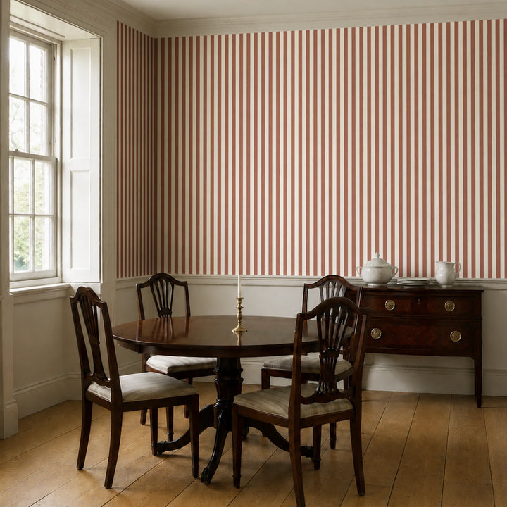 Warm brown and ivory 19th century equal-width stripe, brown striated: wallpaper installed in a dining room